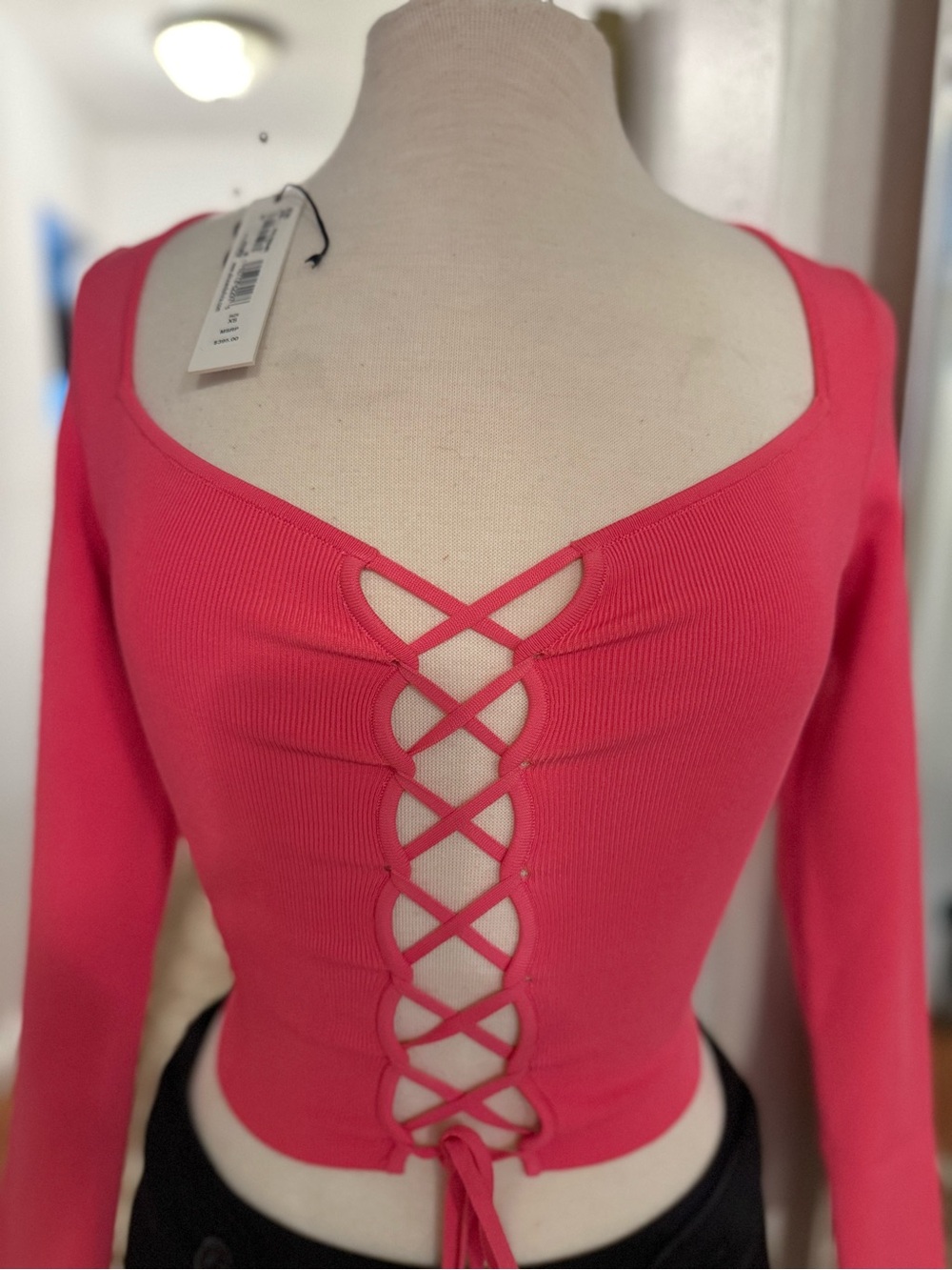 Alice + Olivia Hot Pink Ribbed Lace-Up Tank